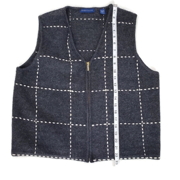 Karen Scott 100% Wool Made in Australia Zip Up Vest Gray/White Stitching SZ L - Picture 6 of 9